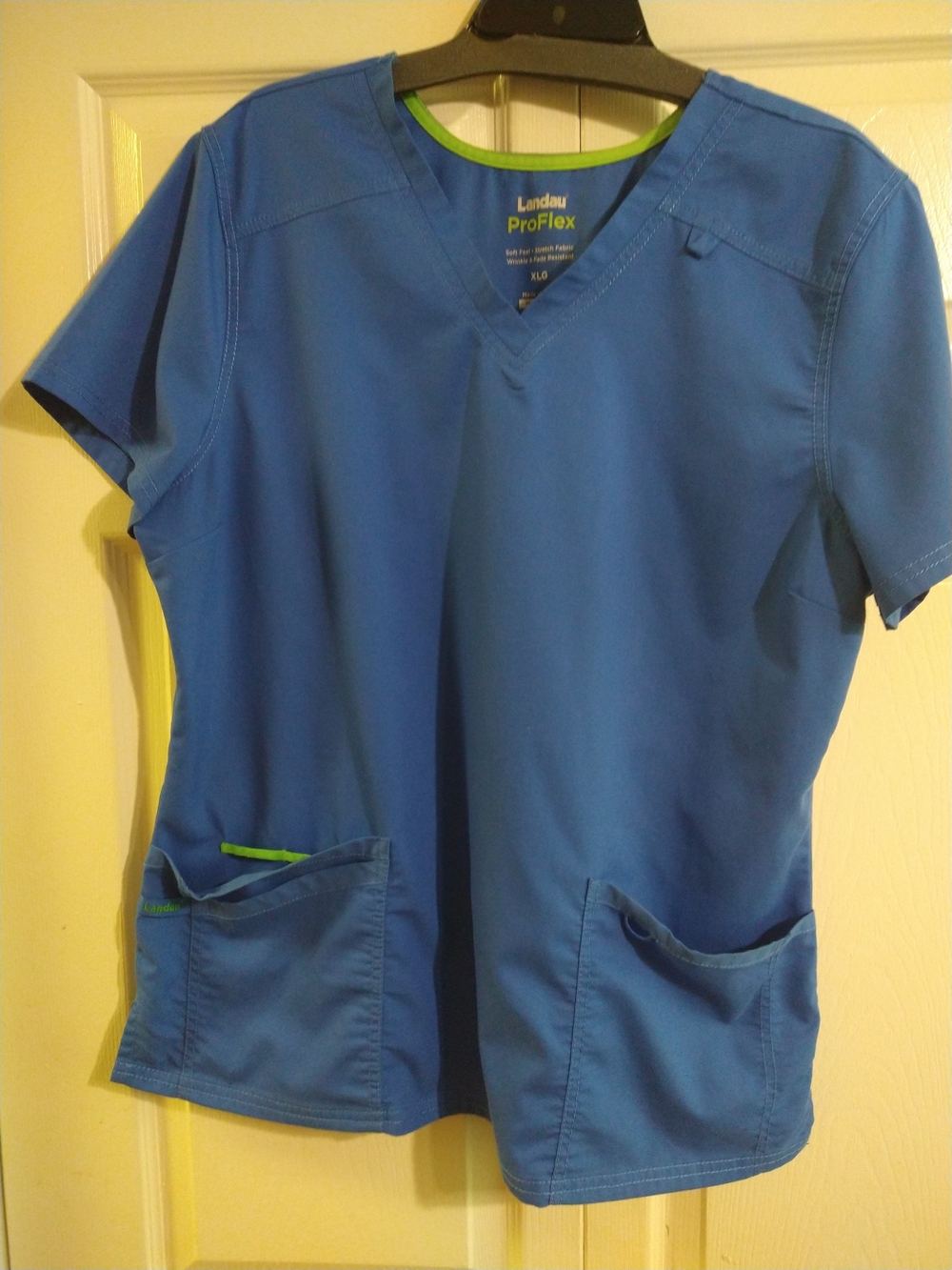 Landau ProFlex Women's V-Neck Scrub Top in Royal Blue with Lime Trim